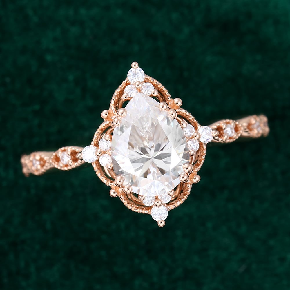 Filigree Floral Halo | Vintage Inspired Pear Cut Moissanite Engagement Ring with Milgrain Accents