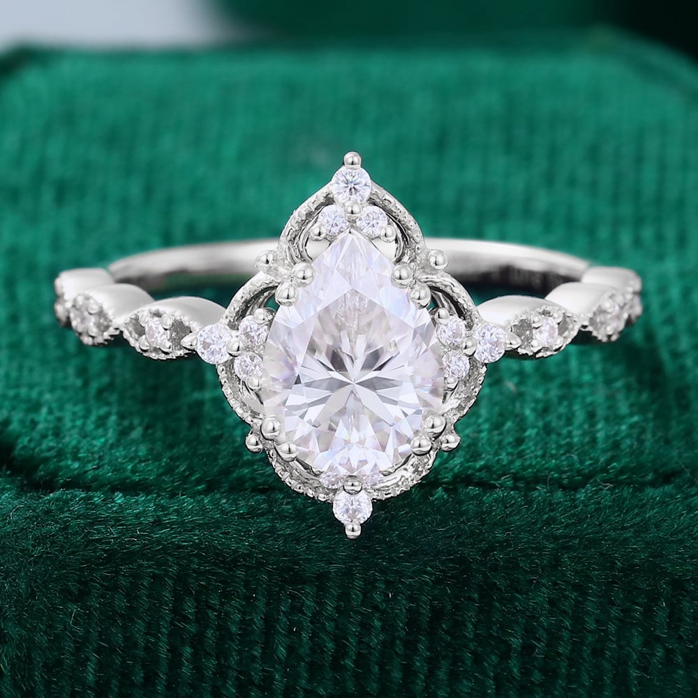 Filigree Floral Halo | Vintage Inspired Pear Cut Moissanite Engagement Ring with Milgrain Accents
