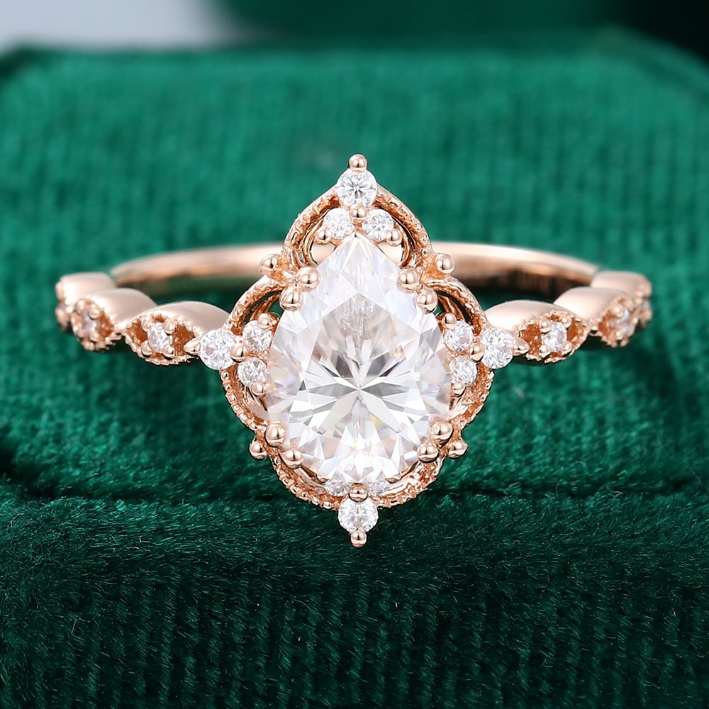 Filigree Floral Halo | Vintage Inspired Pear Cut Moissanite Engagement Ring with Milgrain Accents