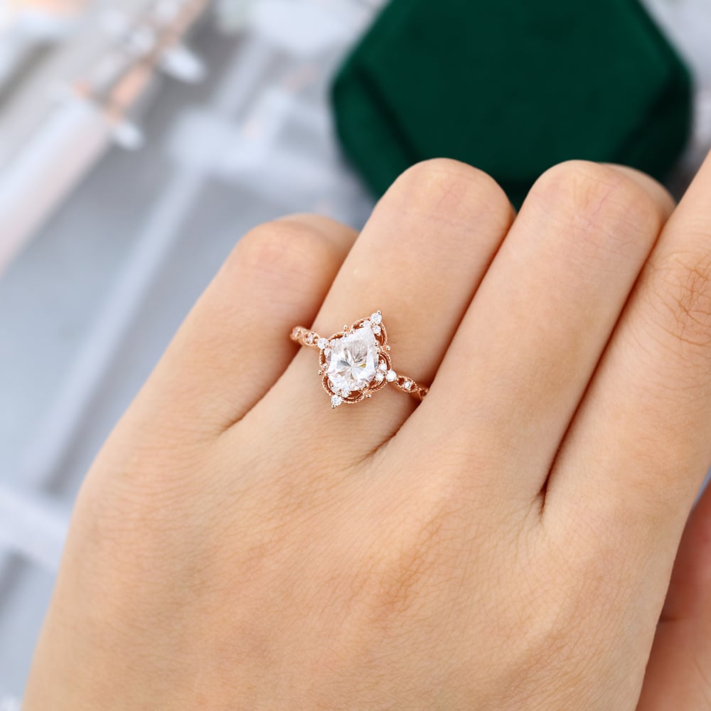 Filigree Floral Halo | Vintage Inspired Pear Cut Moissanite Engagement Ring with Milgrain Accents