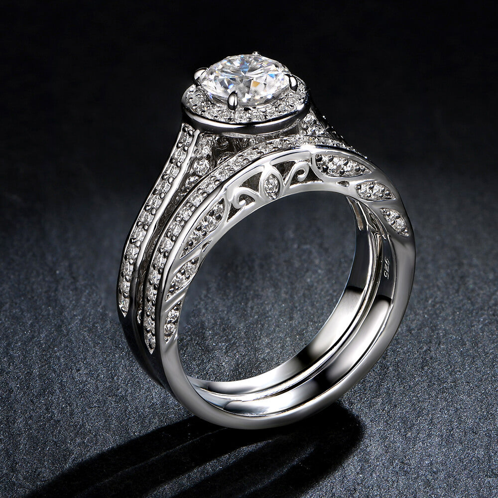 Filigree Halo Moissanite Channel Set Bridal Engagement Ring Set