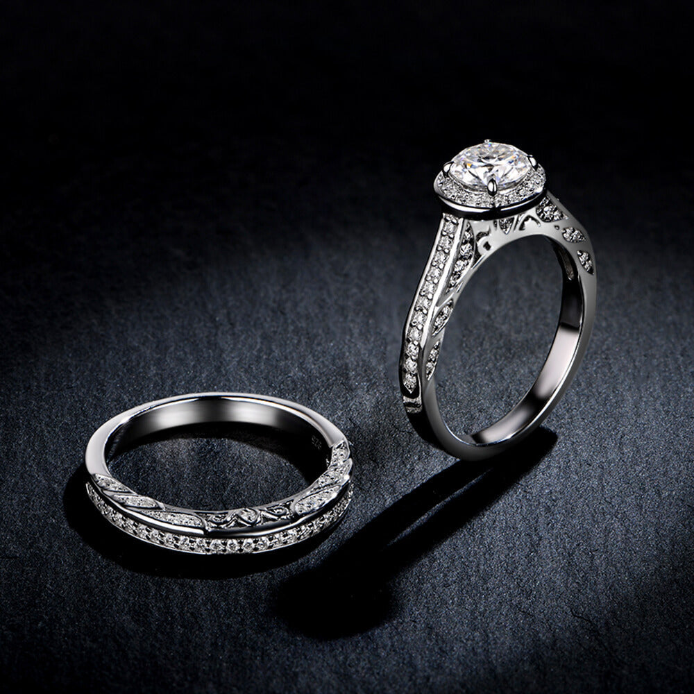 Filigree Halo Moissanite Channel Set Bridal Engagement Ring Set