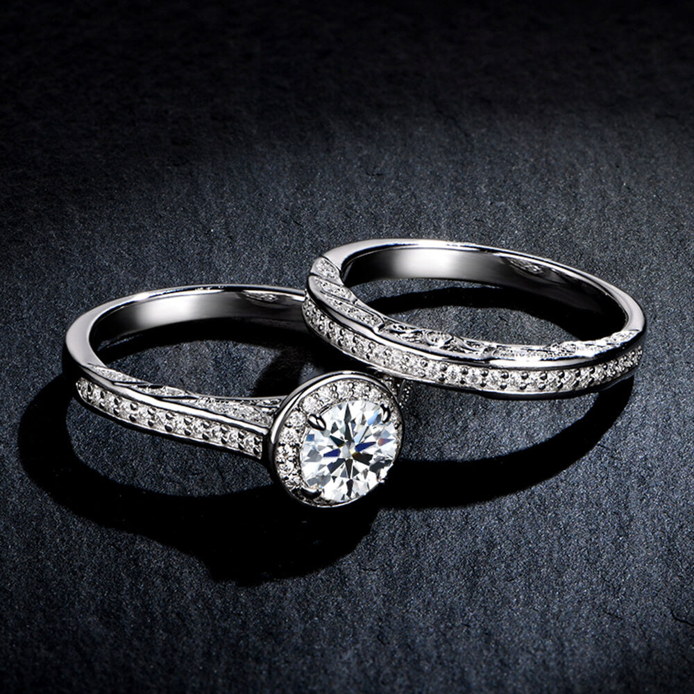 Filigree Halo Moissanite Channel Set Bridal Engagement Ring Set