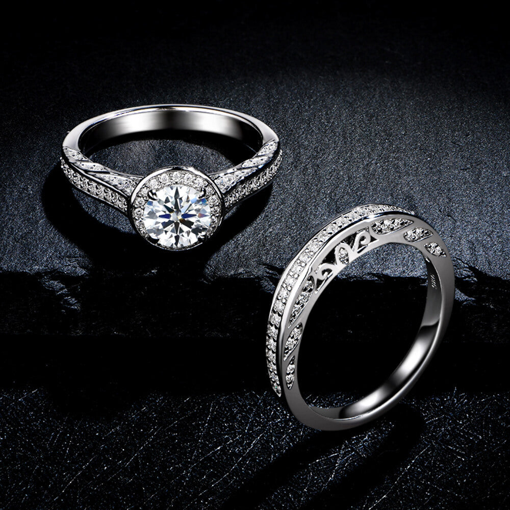 Filigree Halo Moissanite Channel Set Bridal Engagement Ring Set
