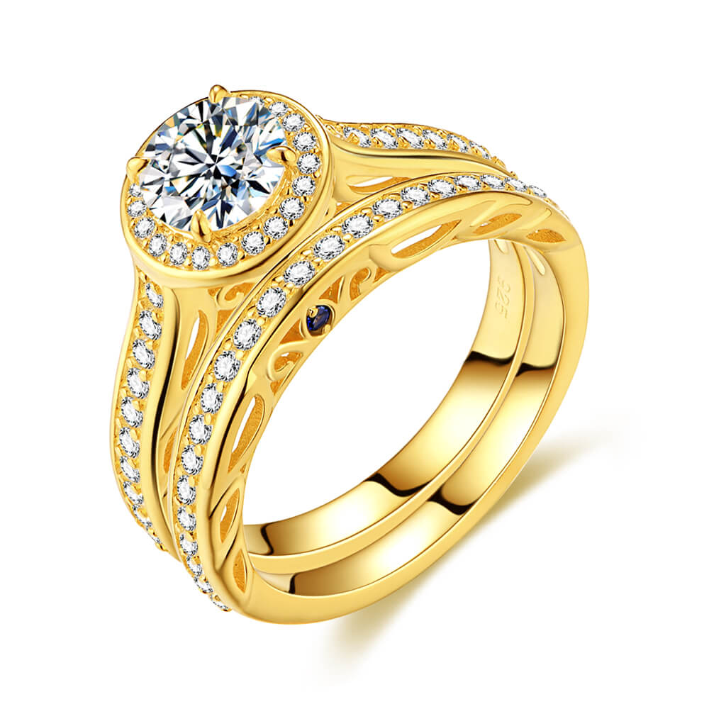 Filigree Halo Moissanite Channel Set Yellow Gold Bridal Engagement Ring Set