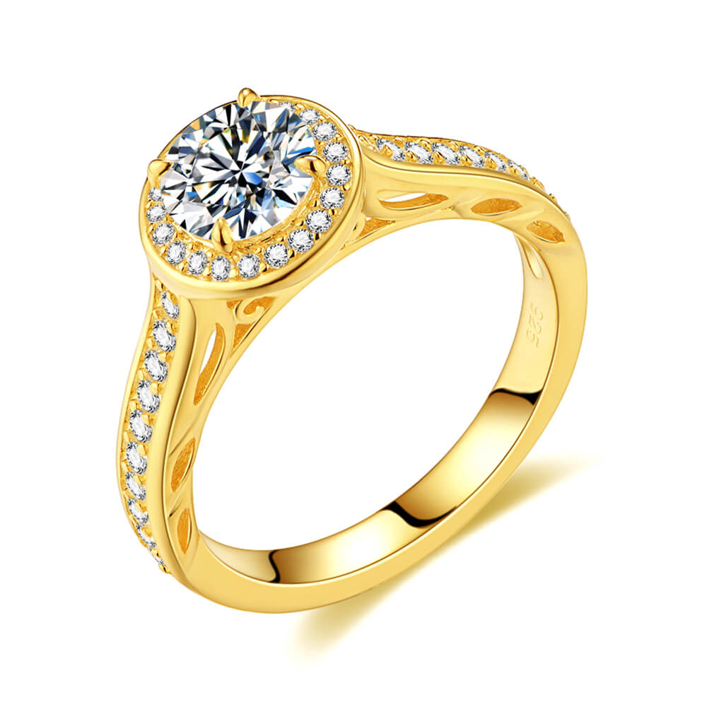 Filigree Halo Moissanite Channel Set Yellow Gold Bridal Engagement Ring Set