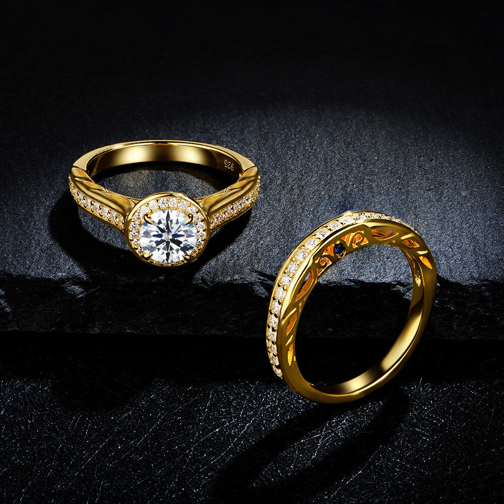 Filigree Halo Moissanite Channel Set Yellow Gold Bridal Engagement Ring Set