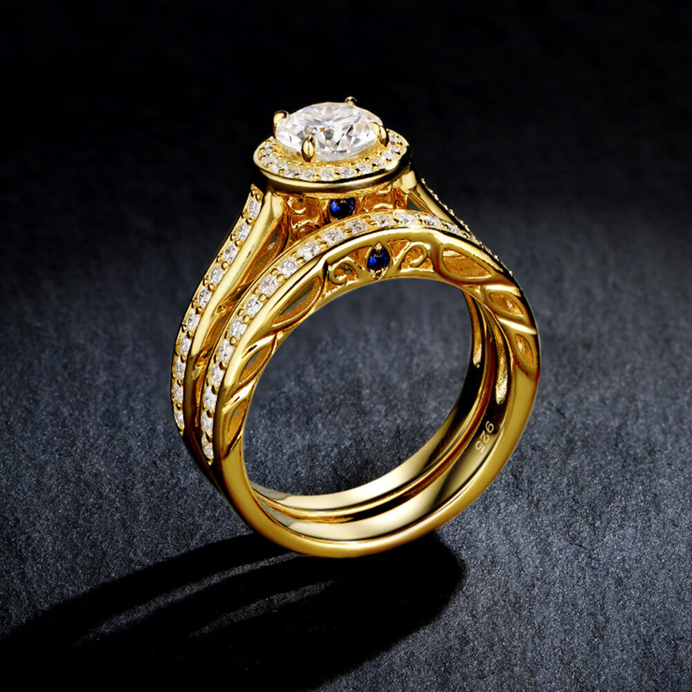 Filigree Halo Moissanite Channel Set Yellow Gold Bridal Engagement Ring Set