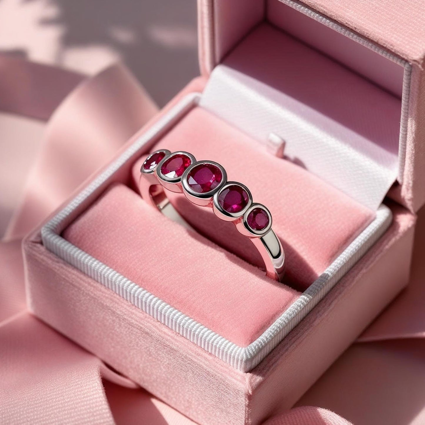 Fiona Ruby Band - Graduated Ruby Five Bezel Stacking Anniversary Ring