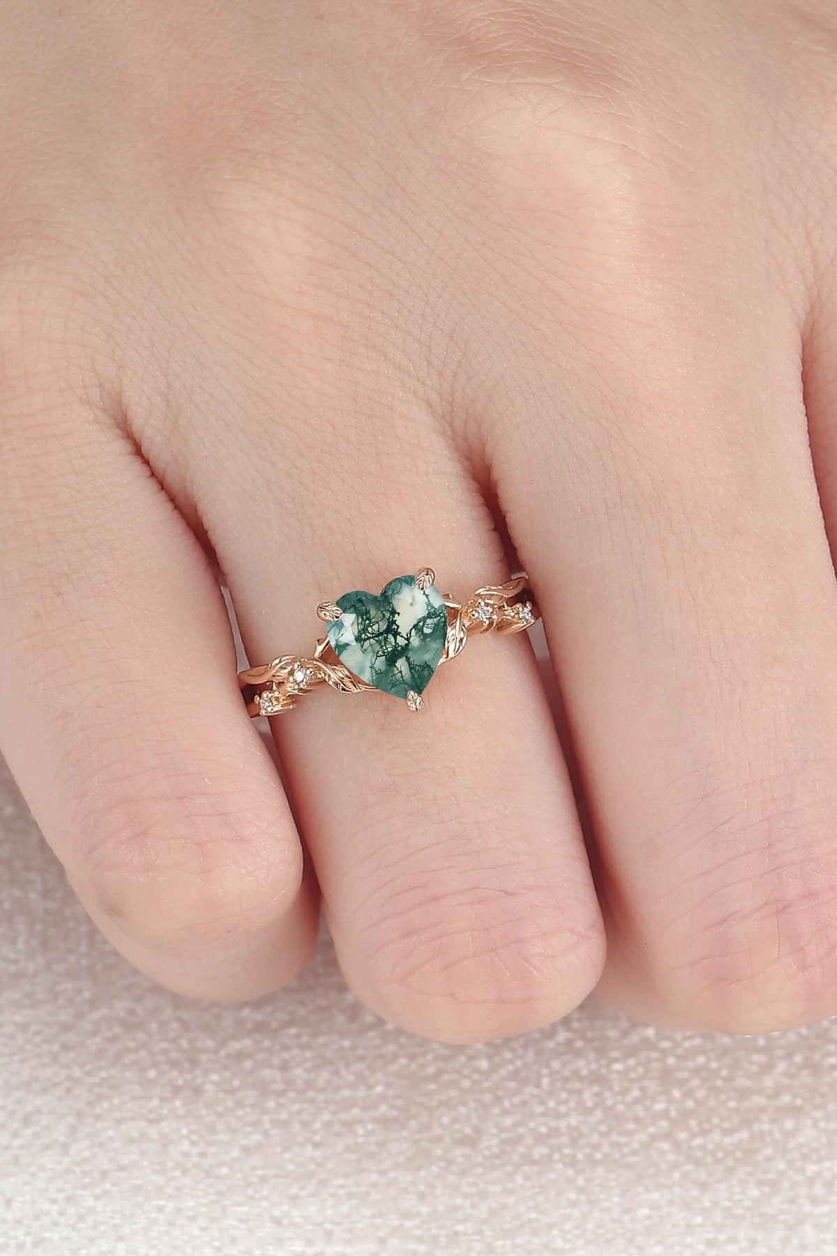 Nature Inspired Heart Cut Moss Agate Leafy Gemstone Ring