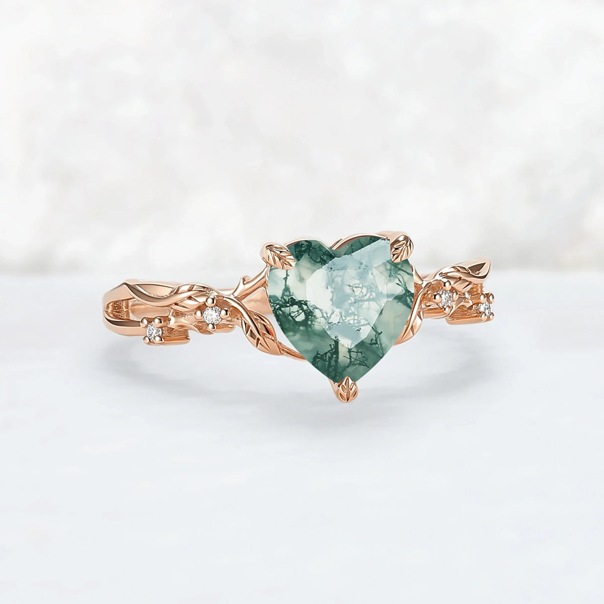 Nature Inspired Heart Cut Moss Agate Leafy Gemstone Ring