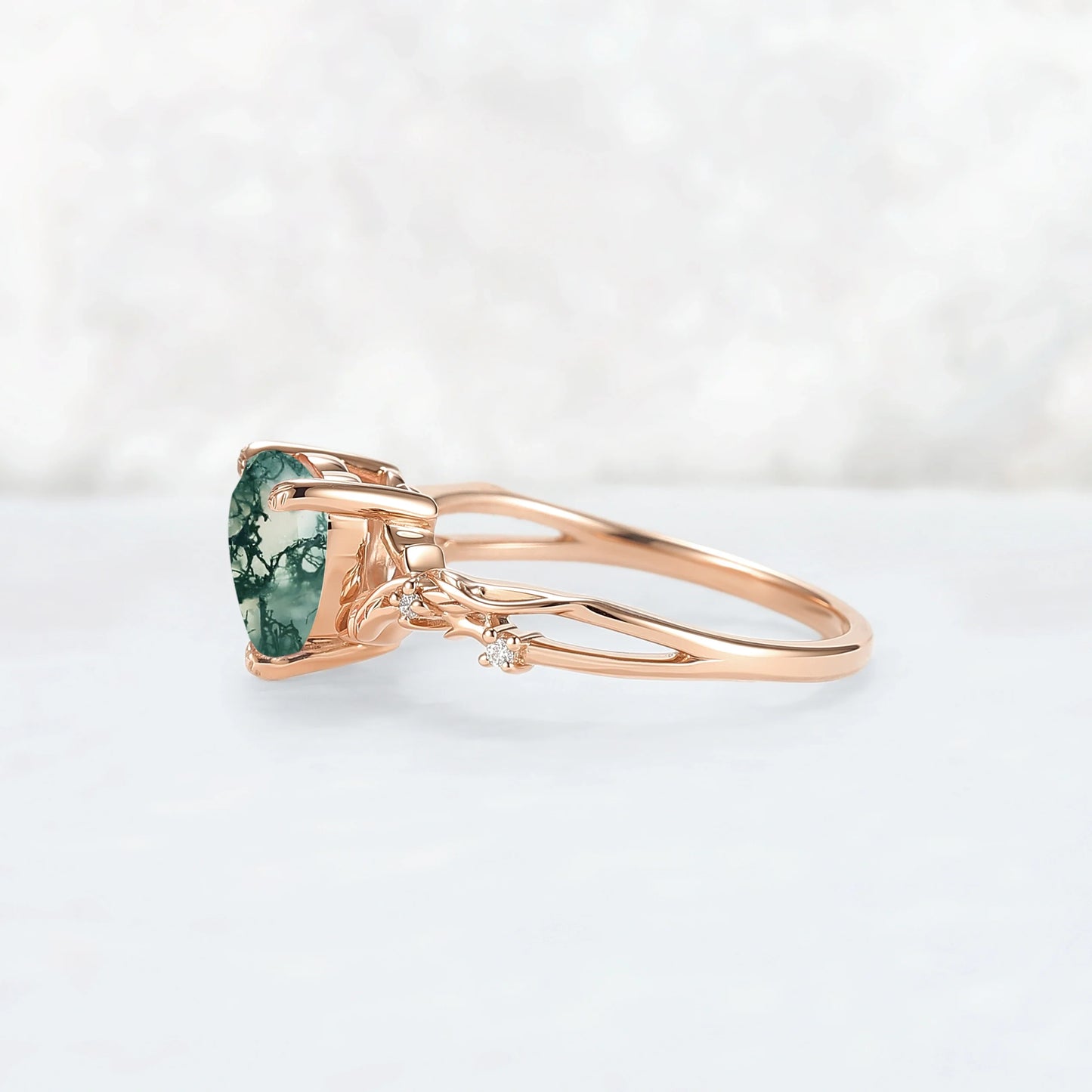 Nature Inspired Heart Cut Moss Agate Leafy Gemstone Ring
