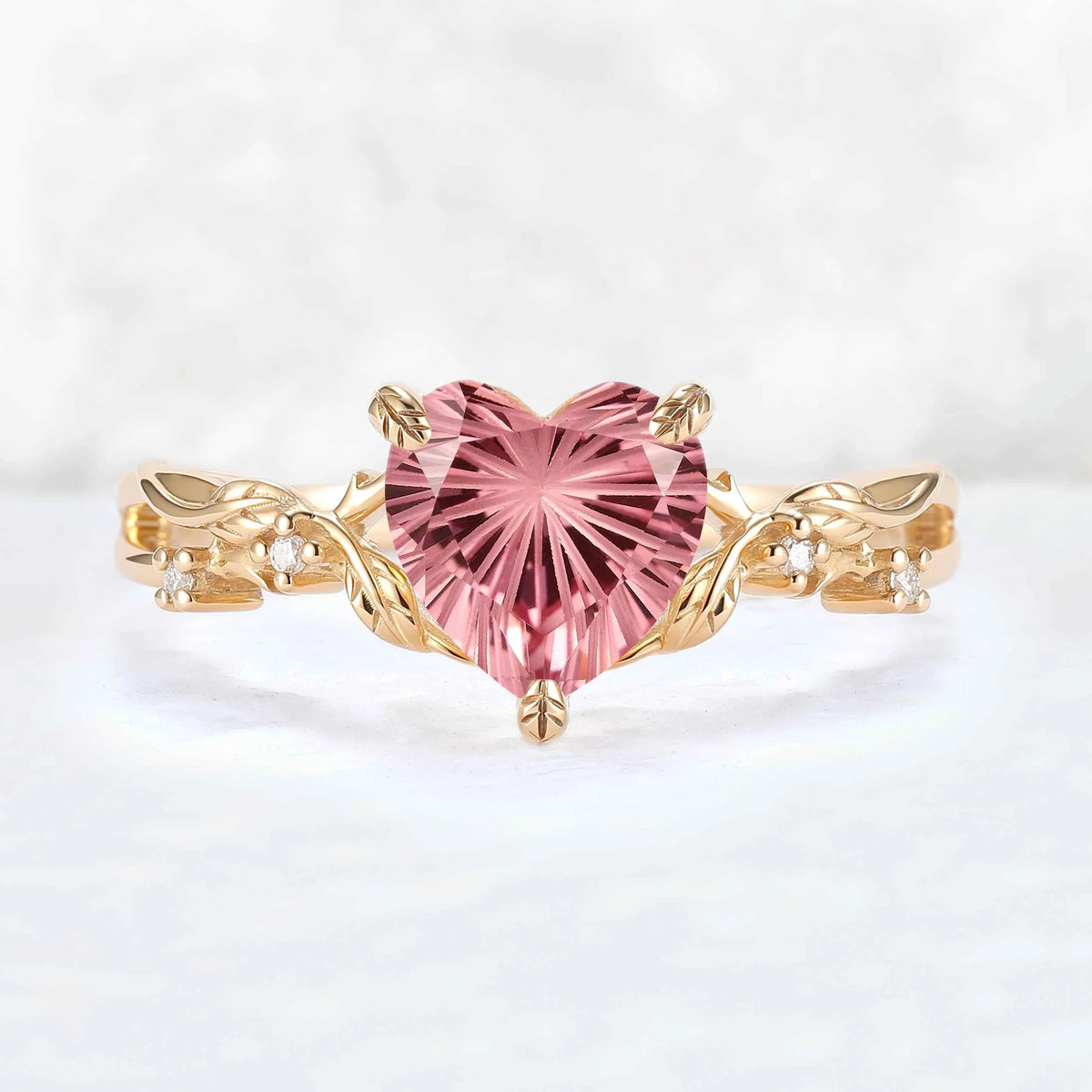 Fire Cut Heart Shaped Pink Sapphire Leafy Gemstone Ring