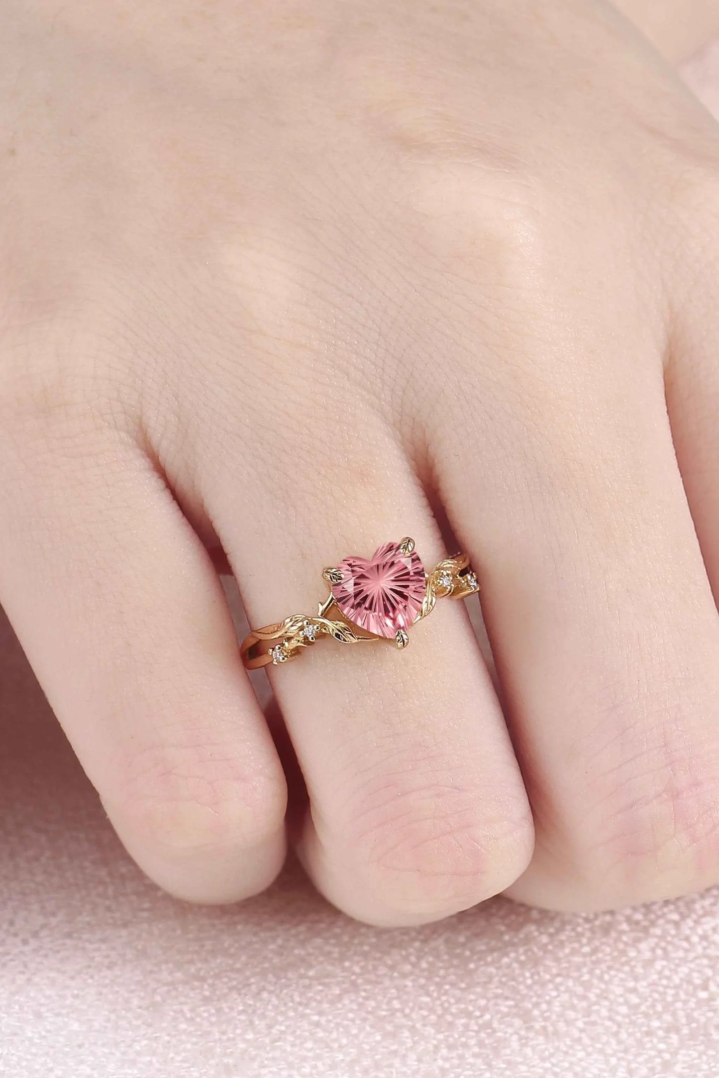 Fire Cut Heart Shaped Pink Sapphire Leafy Gemstone Ring