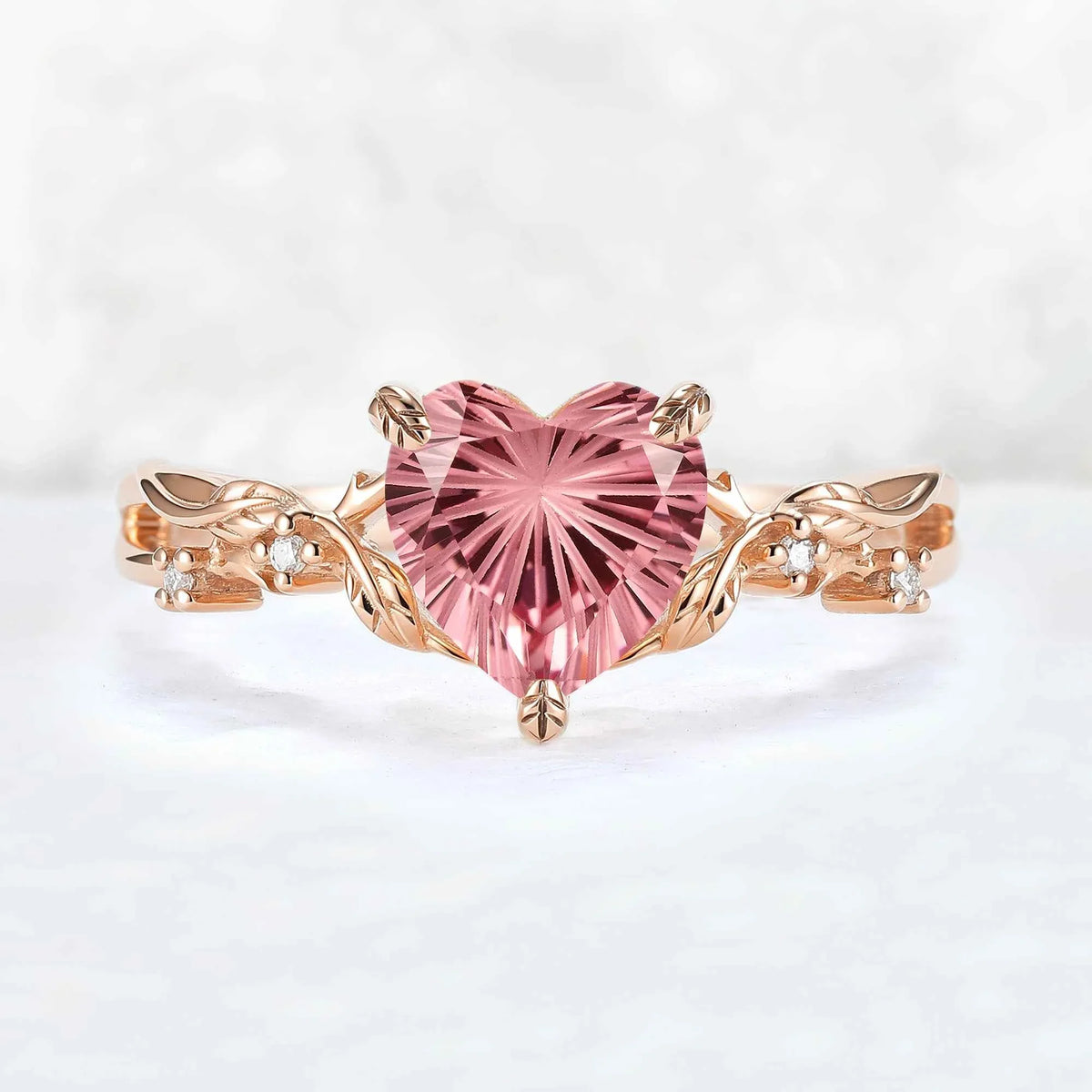 Fire Cut Heart Shaped Pink Sapphire Leafy Gemstone Ring