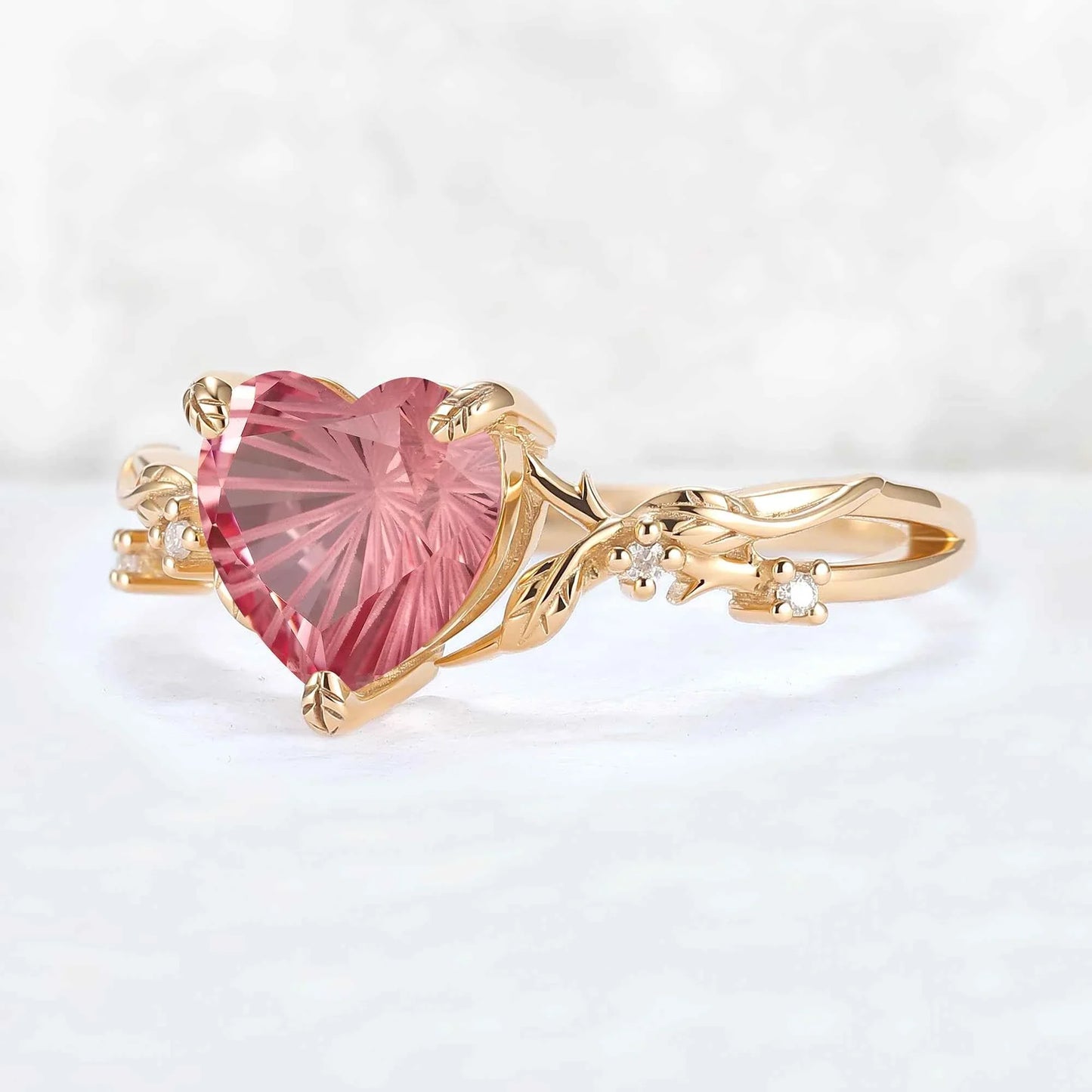 Fire Cut Heart Shaped Pink Sapphire Leafy Gemstone Ring