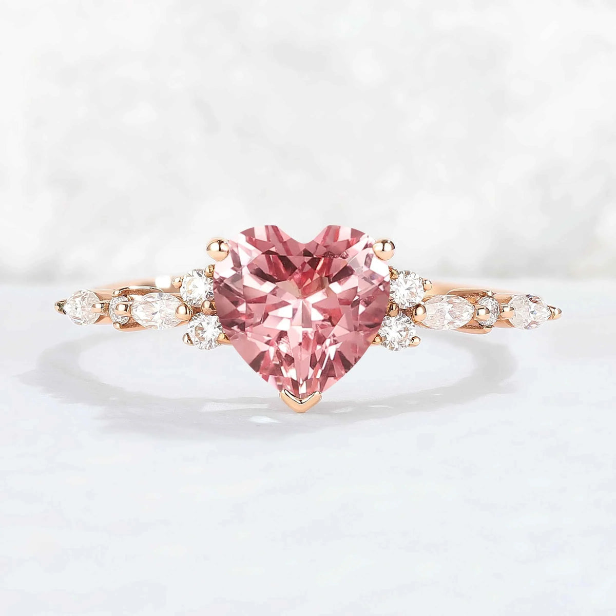 Heart Cut Pink Padparadscha and Moissanite Gemstone Ring