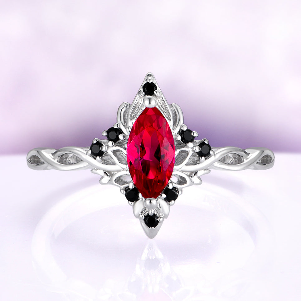 Fire Queen Marquise Ruby & Black Onyx Engagement Ring in 14K White Gold