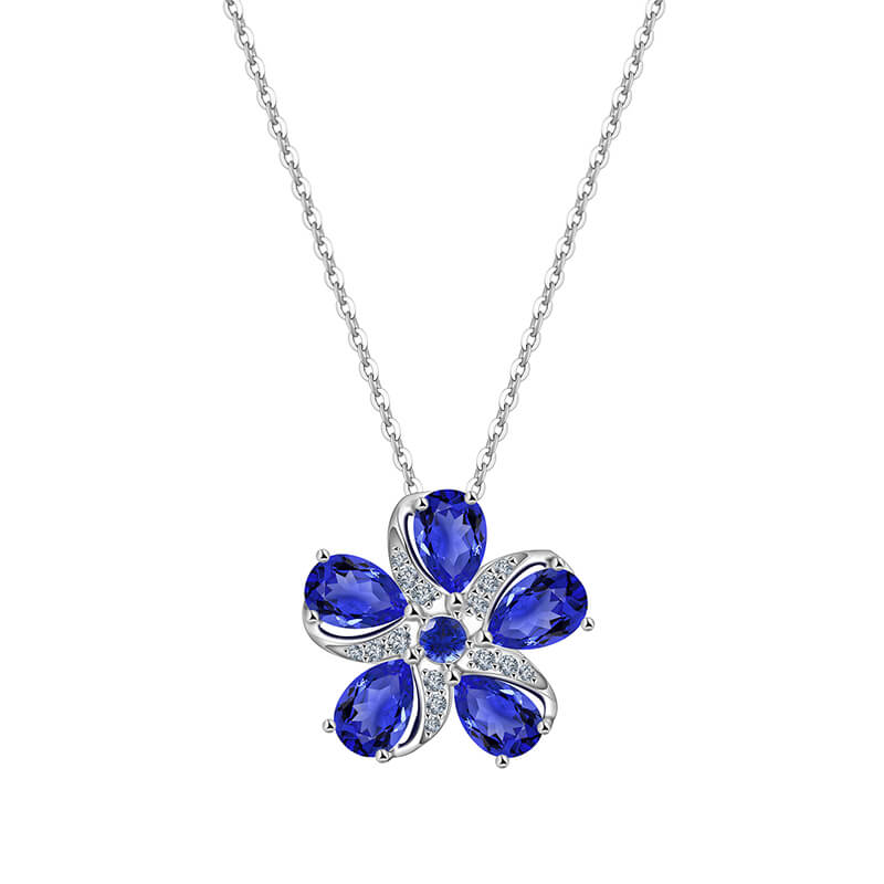 Five Petal Sapphire Flower Necklace In Sterling Silver
