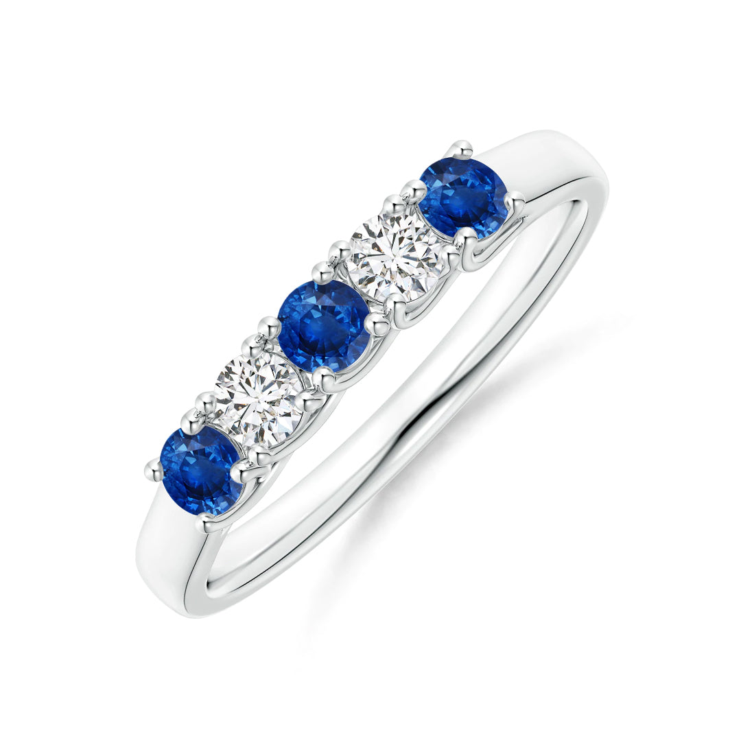 Five Stone Moissanite and Sapphire Wedding Band Ring In Sterling Silver