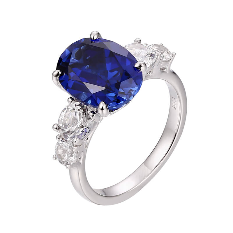 Five Stone Oval Blue Lab Grown Sapphire Engagement Ring