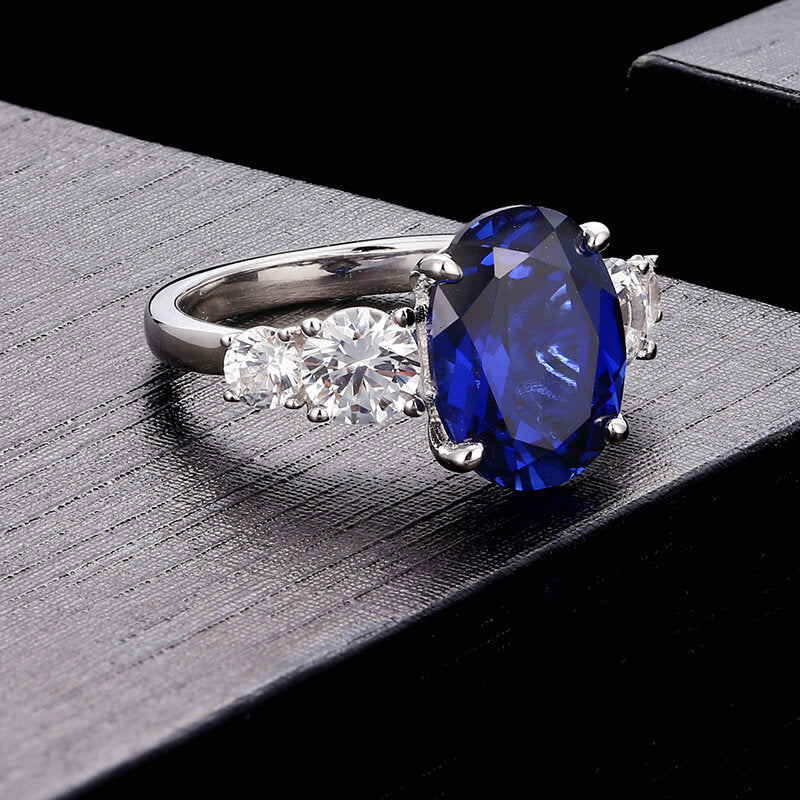 Five Stone Oval Blue Lab Grown Sapphire Engagement Ring