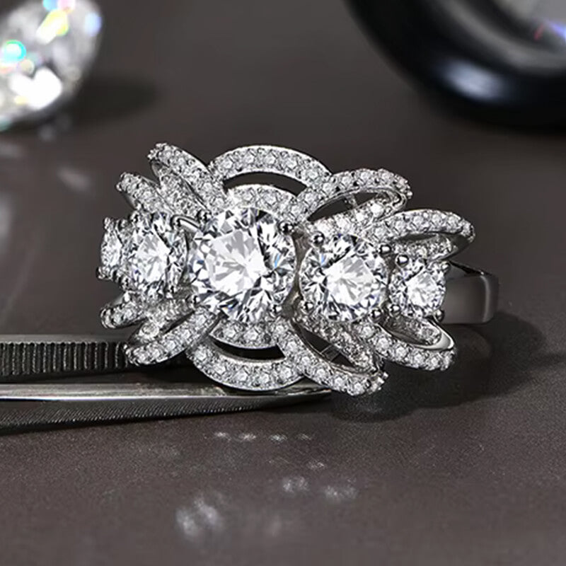 Five Stone Round Moissanite Multi-Row Crossover Pave Engagement Ring
