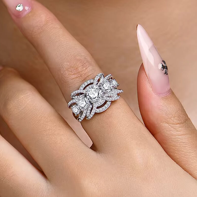 Five Stone Round Moissanite Multi-Row Crossover Pave Engagement Ring