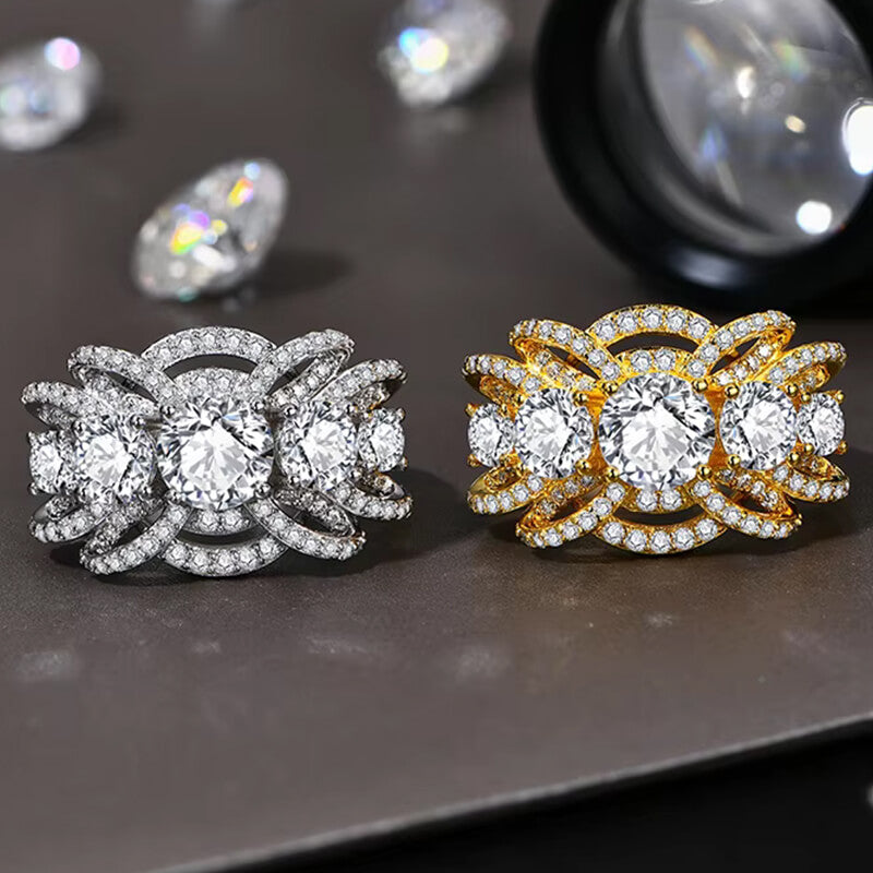 Five Stone Round Moissanite Multi-Row Crossover Pave Engagement Ring