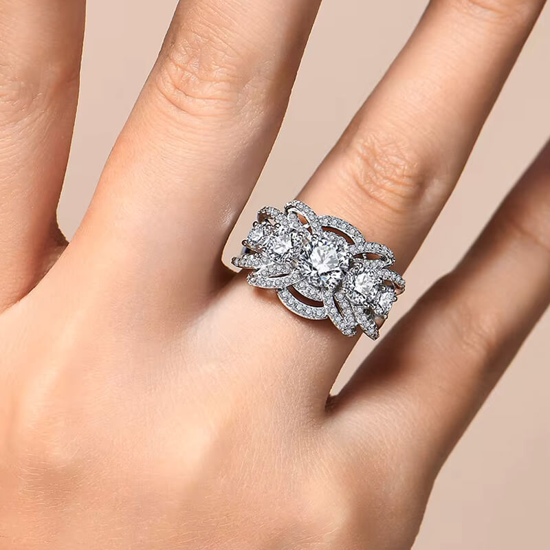 Five Stone Round Moissanite Multi-Row Crossover Pave Engagement Ring
