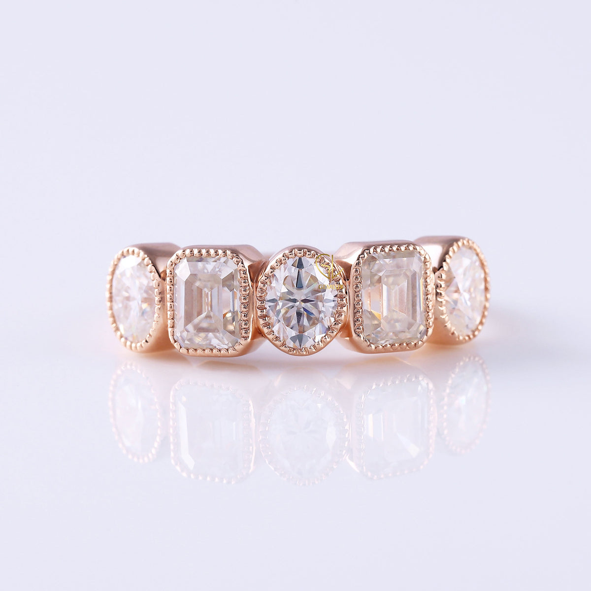 Five Stone Oval & Emerald Lab Diamond Wedding Band