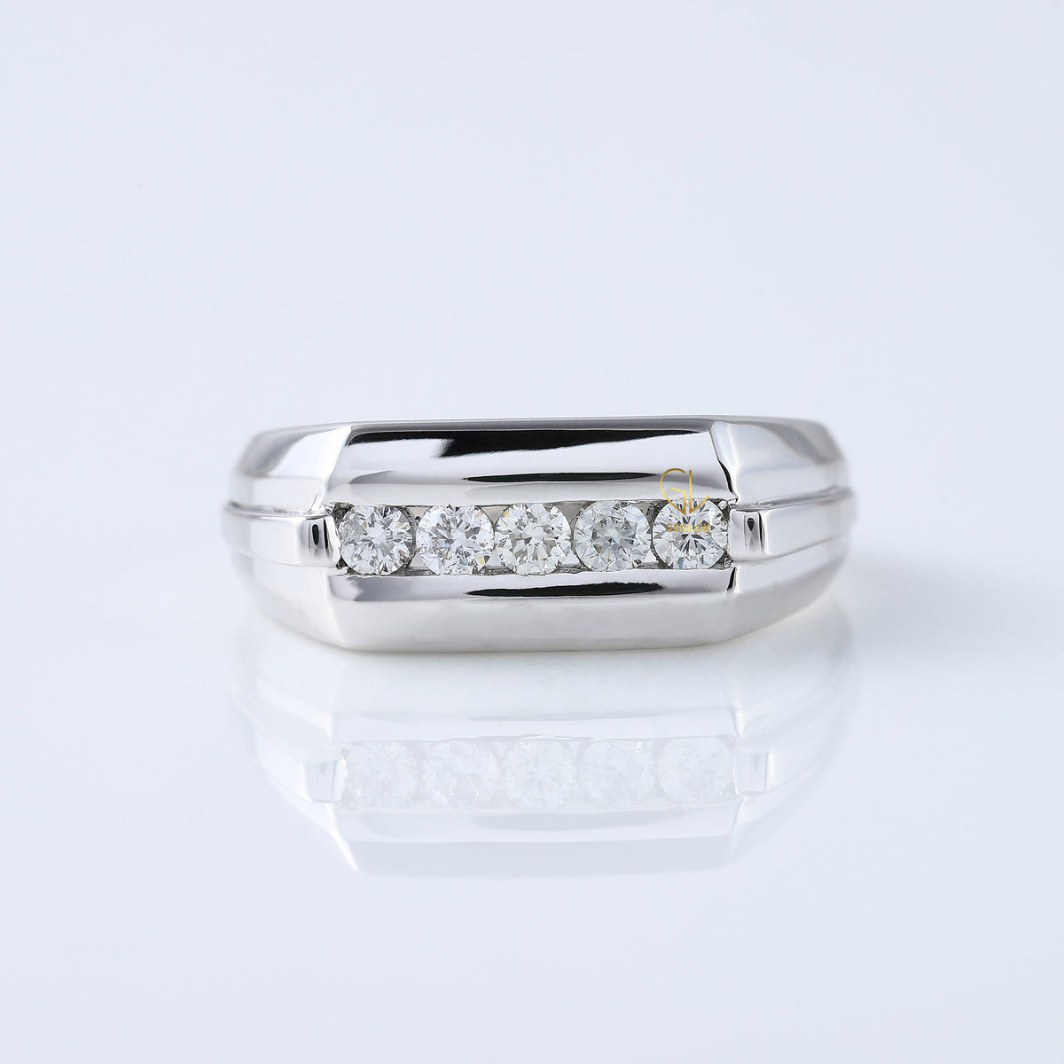 Five Stone Round Moissanite Channel Set Men's Engagement Ring