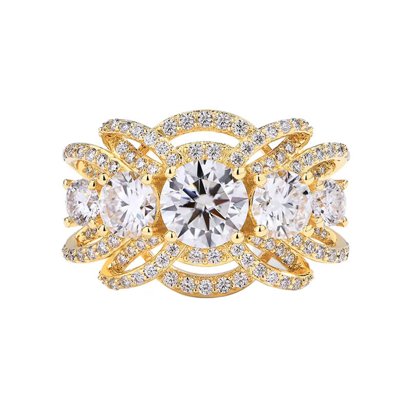 Five Stone Round Moissanite Multi-Row Crossover Pave Engagement Ring