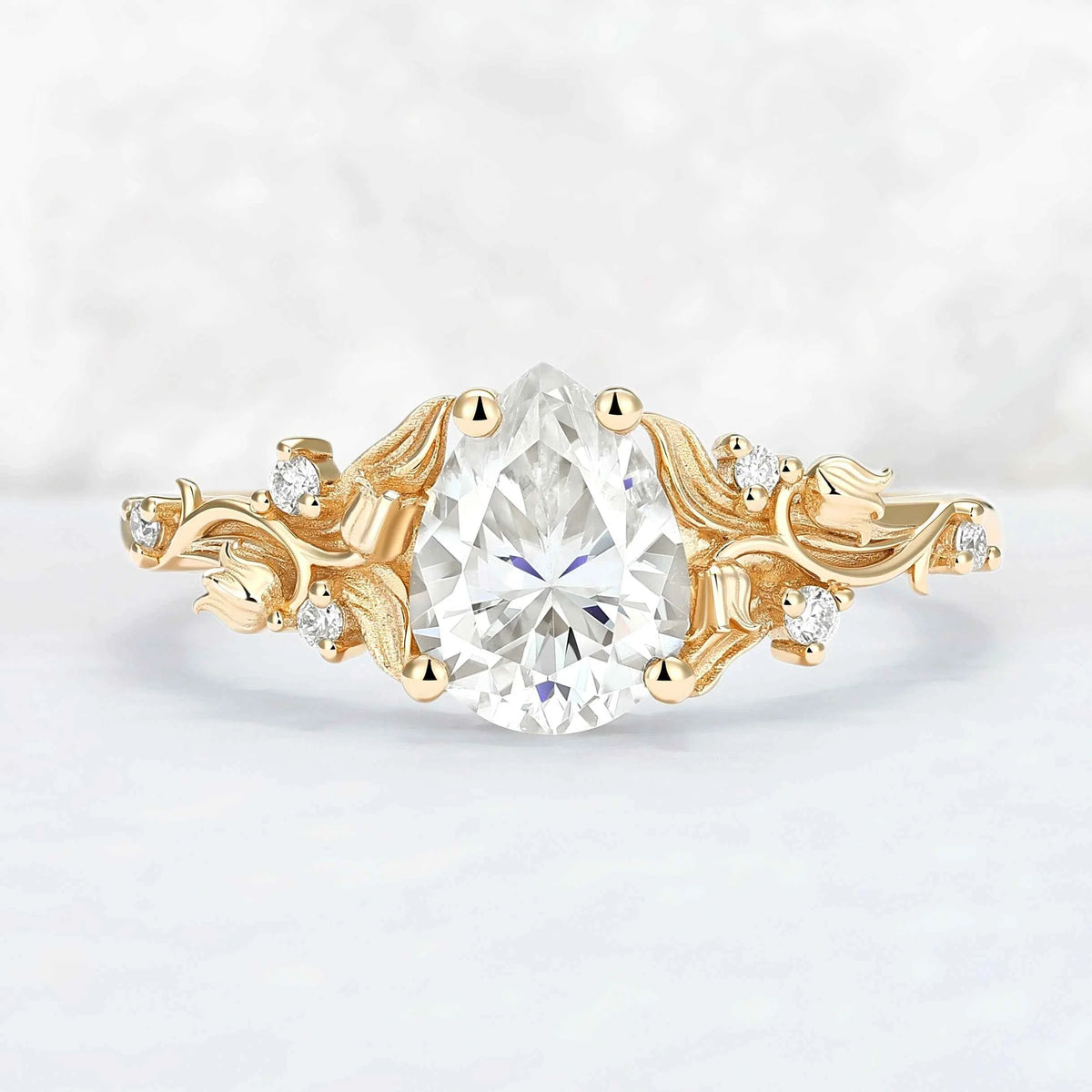 Unique Lily of the Valley Inspired Pear Cut Moissanite Engagement Ring