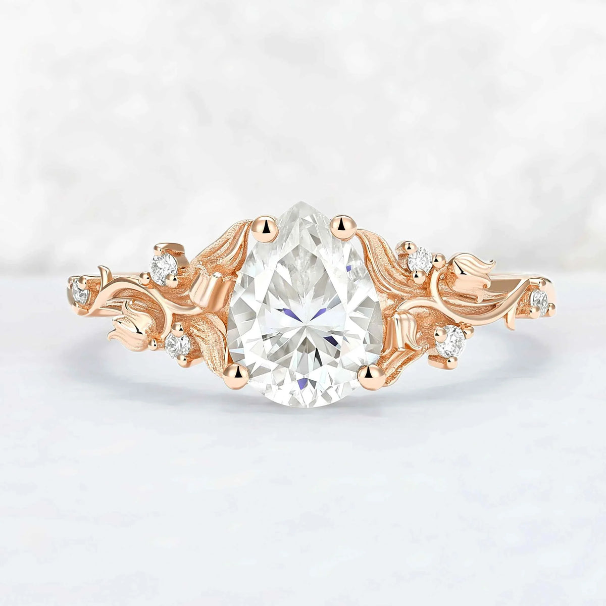 Unique Lily of the Valley Inspired Pear Cut Moissanite Engagement Ring