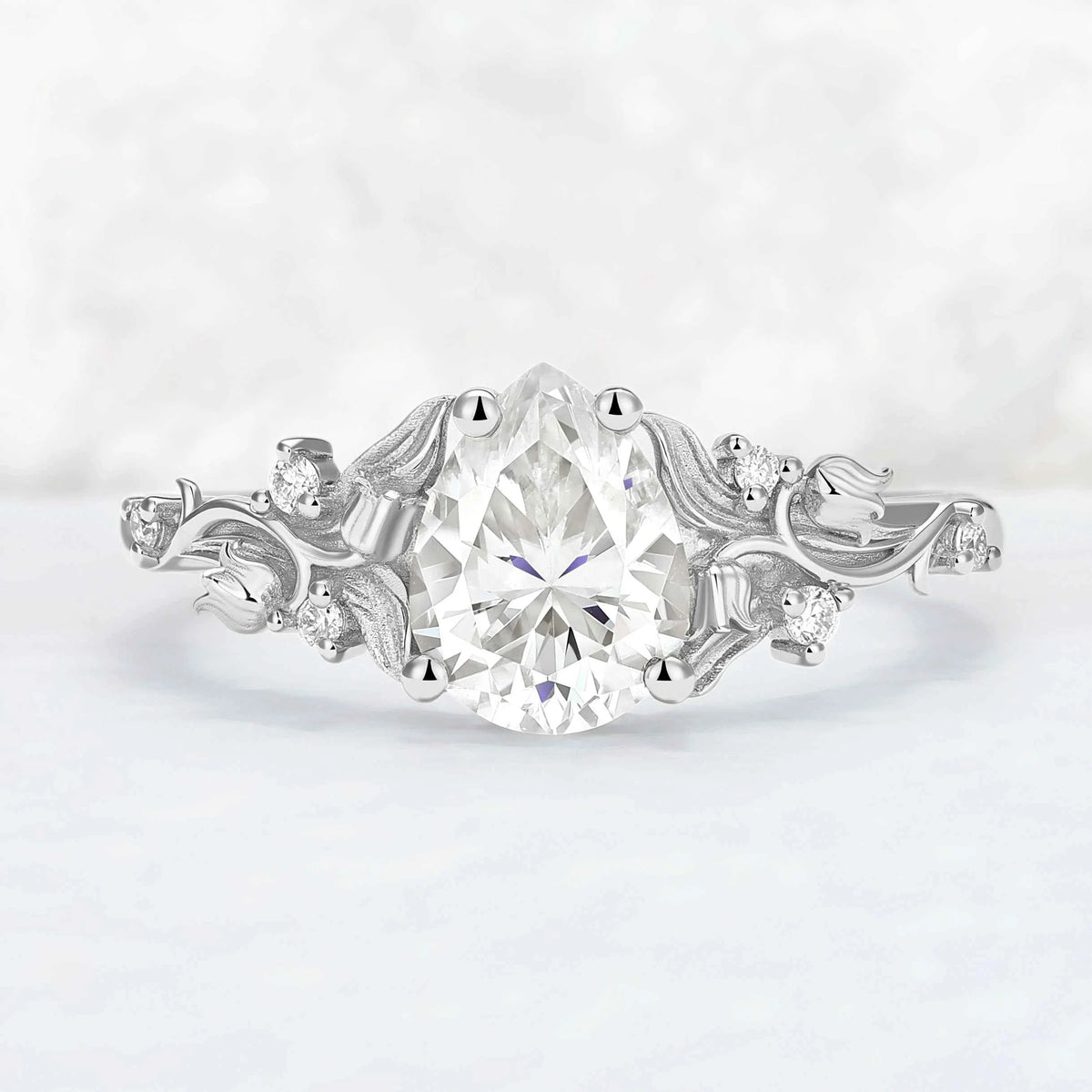 Unique Lily of the Valley Inspired Pear Cut Moissanite Engagement Ring