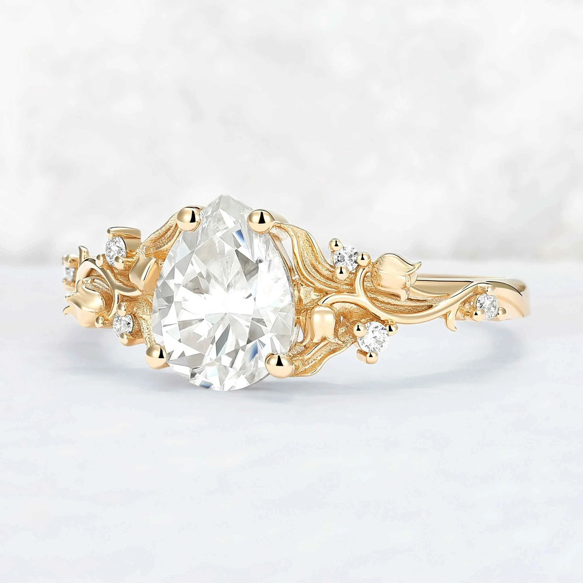 Unique Lily of the Valley Inspired Pear Cut Moissanite Engagement Ring