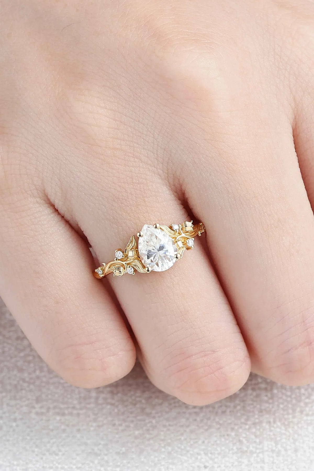 Unique Lily of the Valley Inspired Pear Cut Moissanite Engagement Ring
