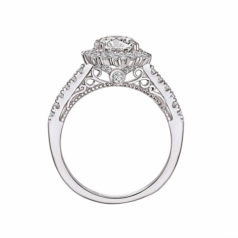 Floral Halo Oval Moissanite Pave Engagement Ring