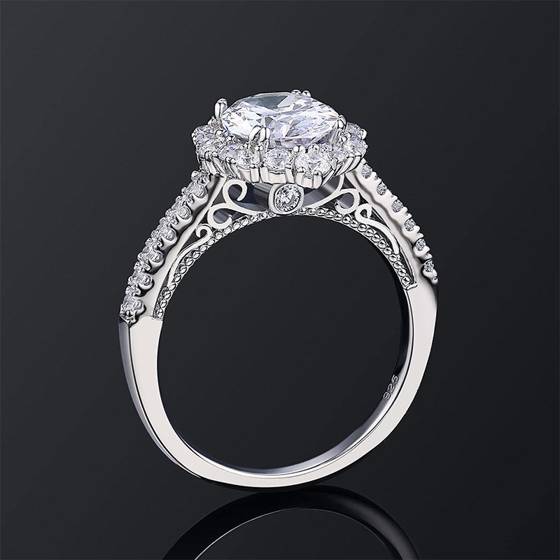 Floral Halo Oval Moissanite Pave Engagement Ring