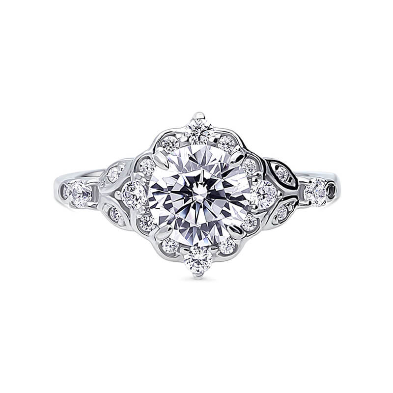 Floral Halo Round Moissanite Art Deco Engagement Ring
