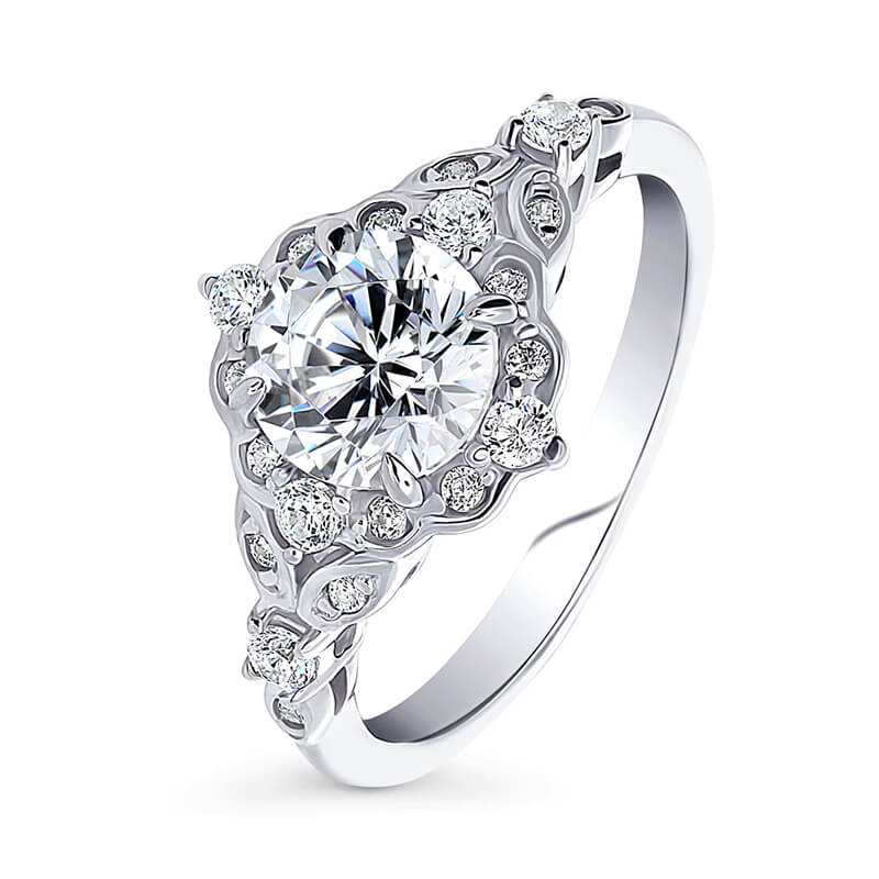 Floral Halo Round Moissanite Art Deco Engagement Ring