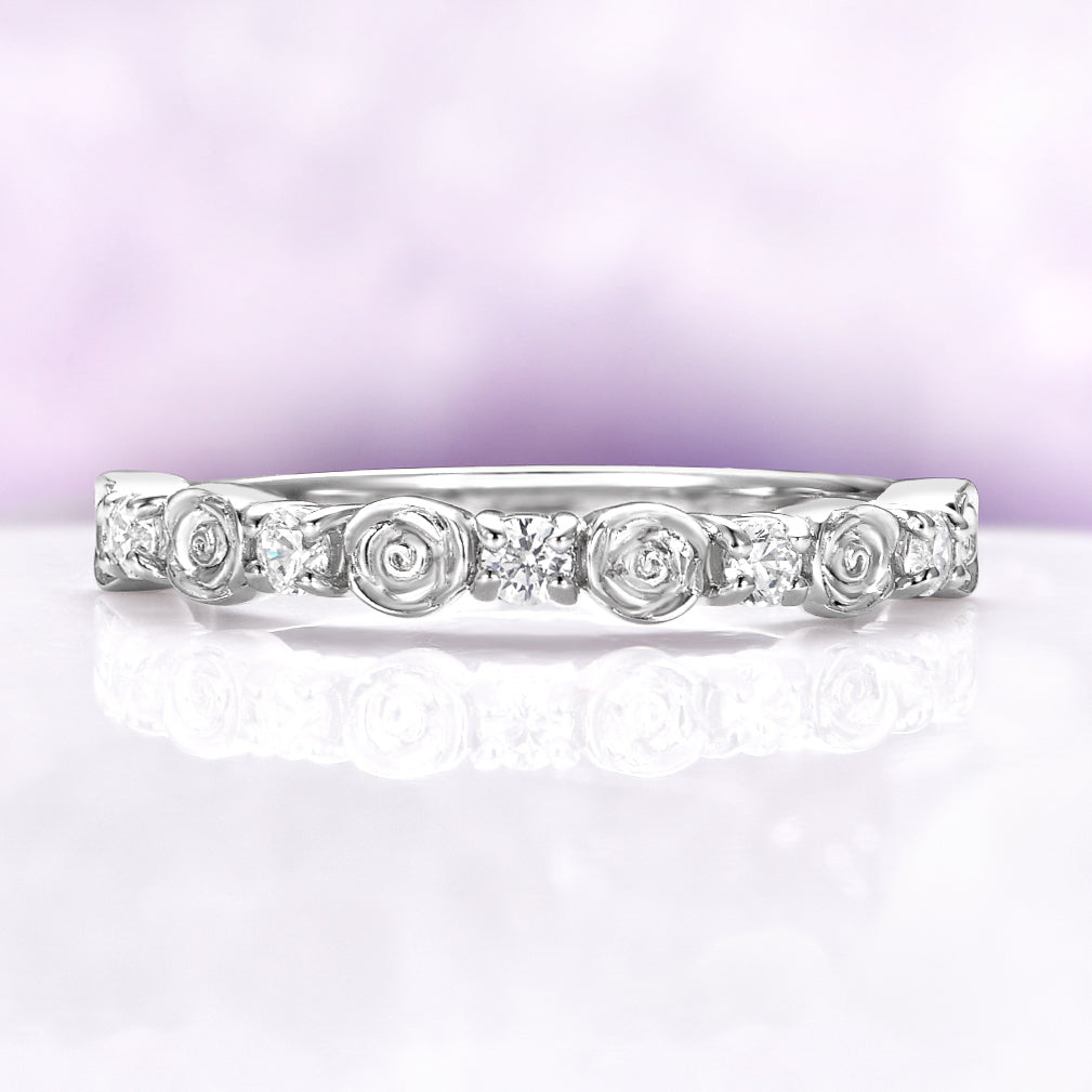 Floral Rose Moissanite Wedding Band in Sterling Silver