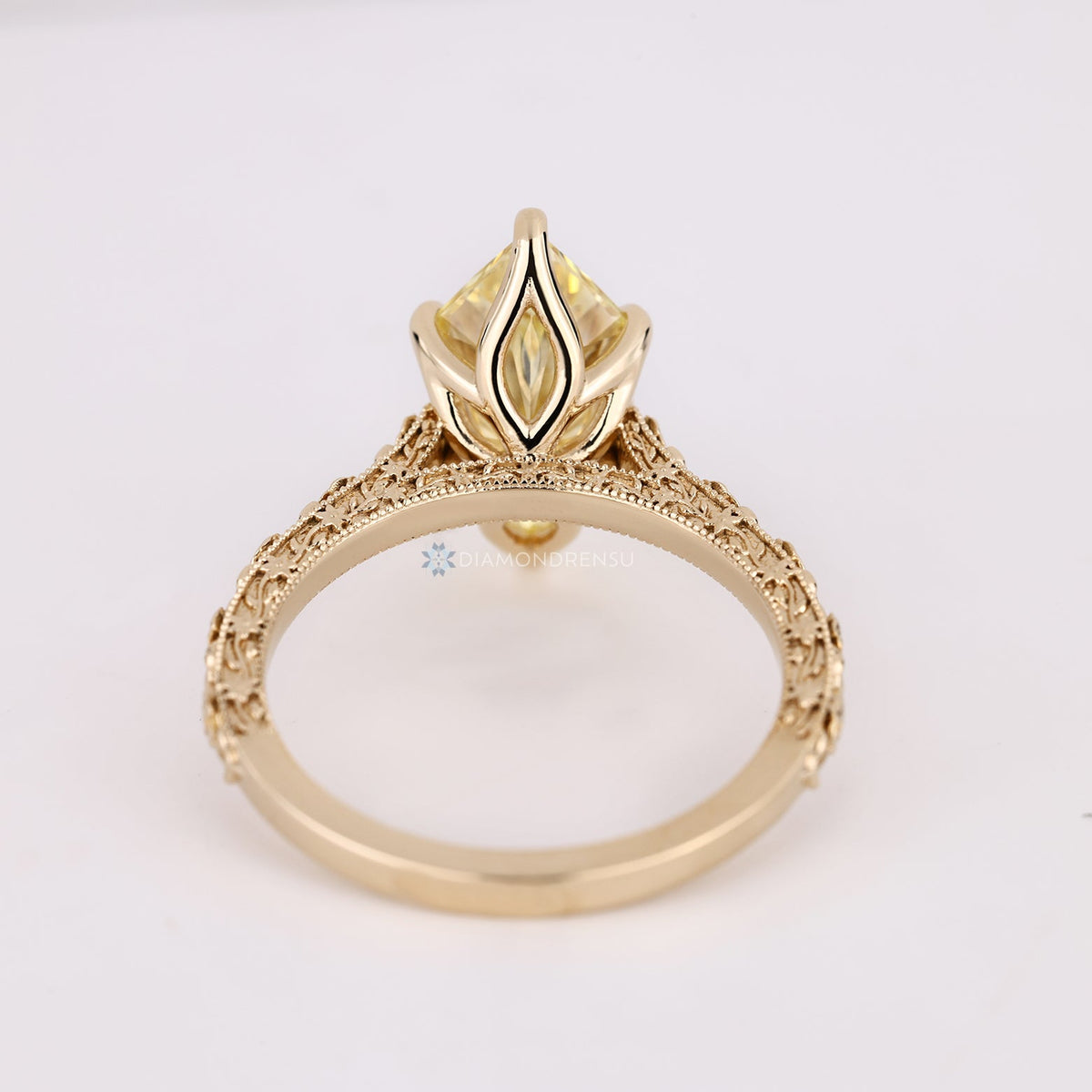 Yellow Dutch Marquise Diamond Ring with Art Deco Milgrain Details