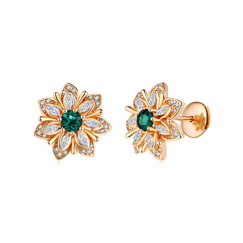 Flower Round Emerald Stud Earrings In Sterling Silver
