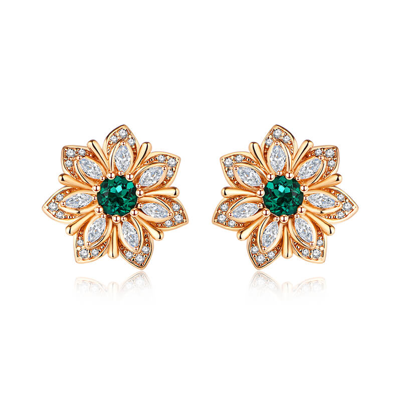 Flower Round Emerald Stud Earrings In Sterling Silver