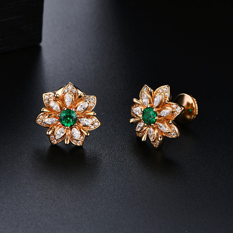 Flower Round Emerald Stud Earrings In Sterling Silver