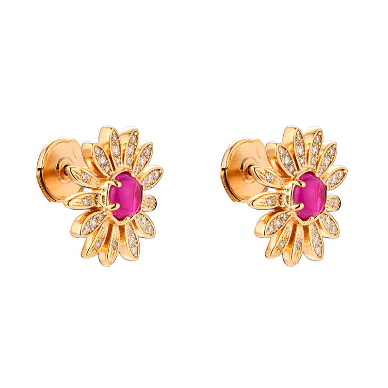 Flower Round Plain Ruby Stud Earrings In Sterling Silver