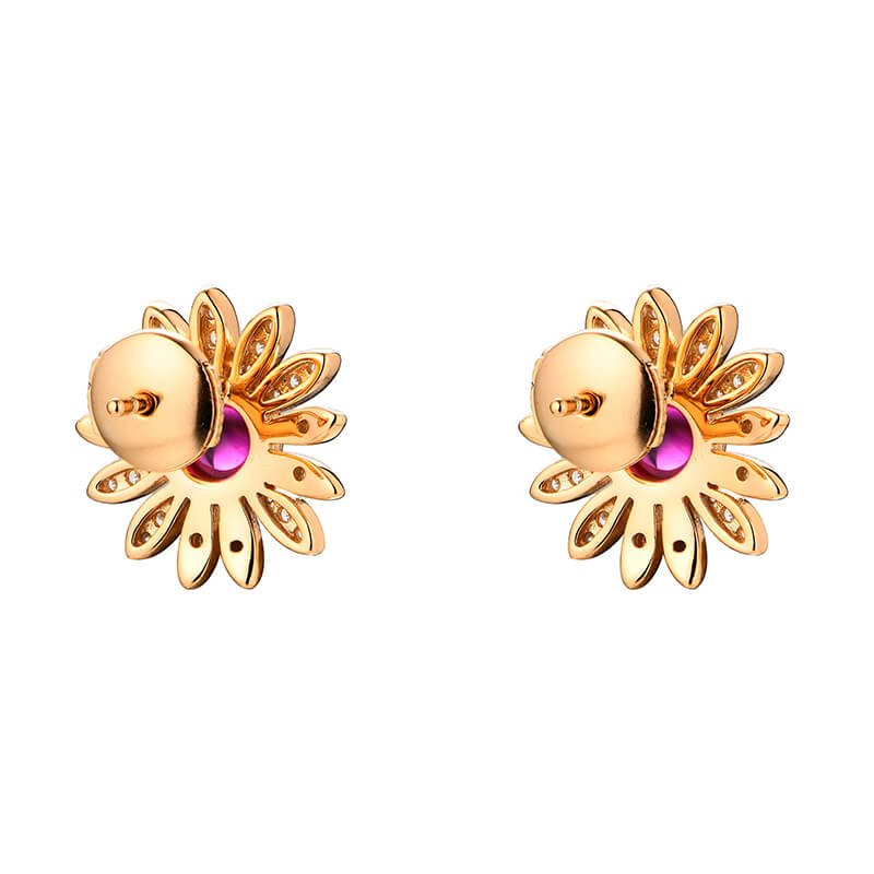 Flower Round Plain Ruby Stud Earrings In Sterling Silver
