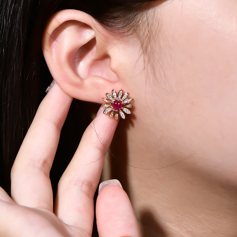 Flower Round Plain Ruby Stud Earrings In Sterling Silver